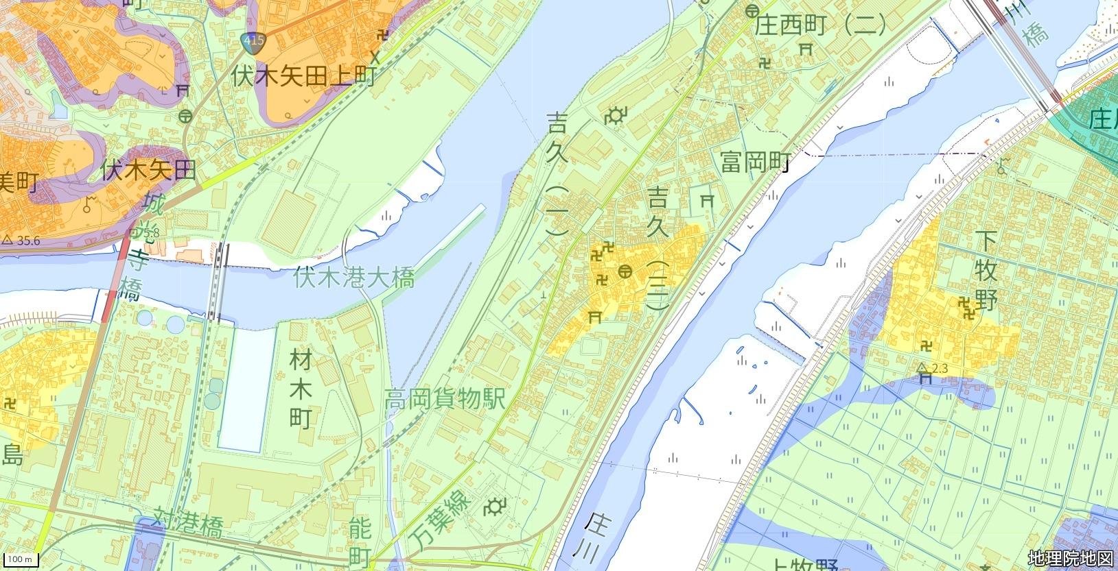 Heavily liquefaction-affected area in Yoshihisa District, Takaoka City (center of the map) (Source: Geospatial Information Authority of Japan)