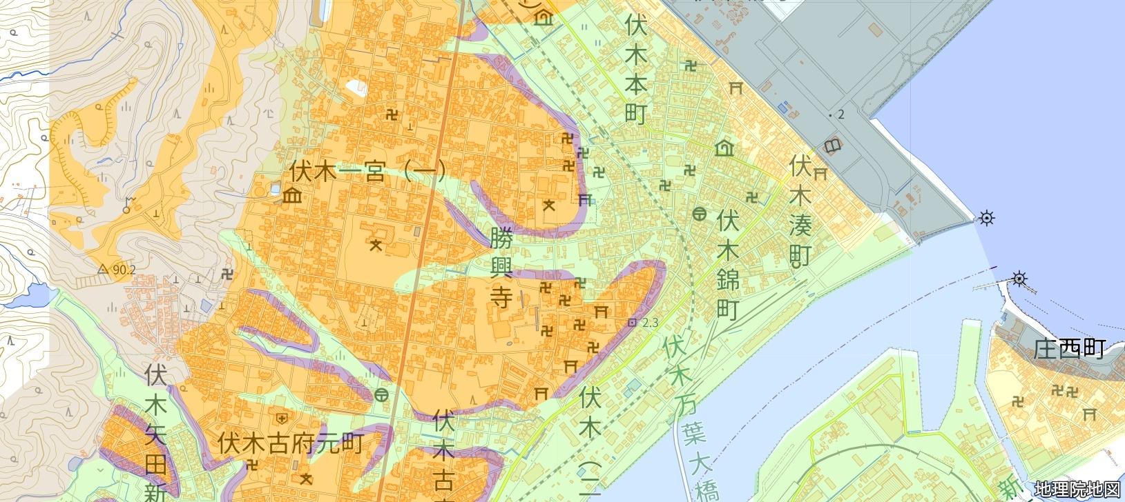 Heavily liquefaction-affected area in Fushiki, Takaoka City (center of the map) (Source: Geospatial Information Authority of Japan)