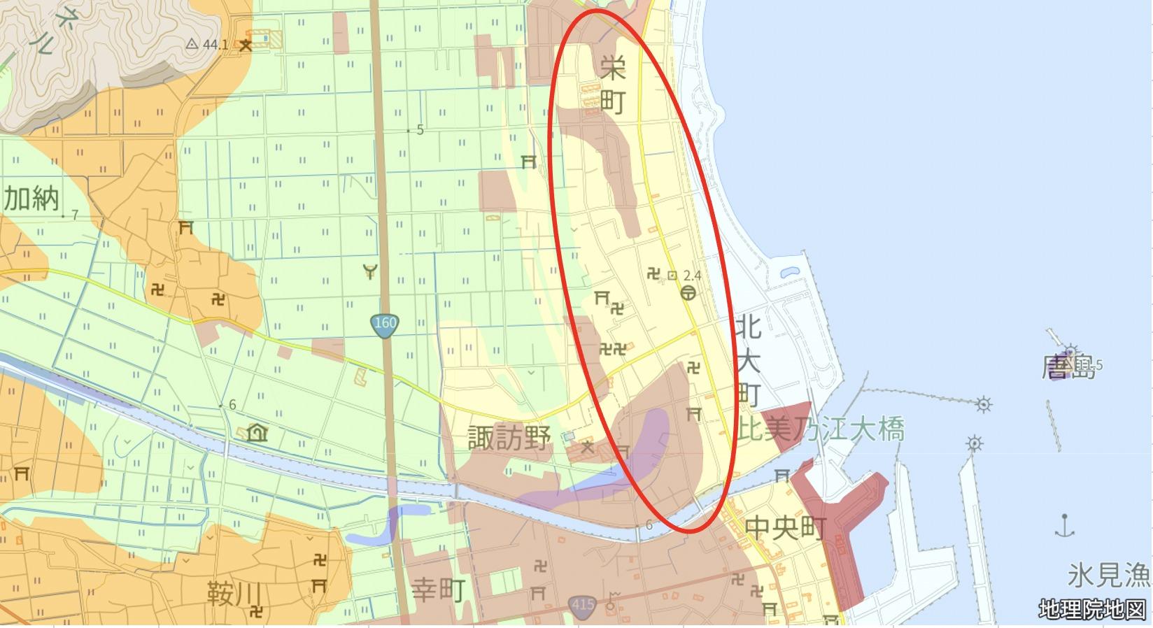 Heavily liquefaction-affected area: Sakaemachi and Kitaomachi, Himi City (Map: Geospatial Information Authority of Japan)