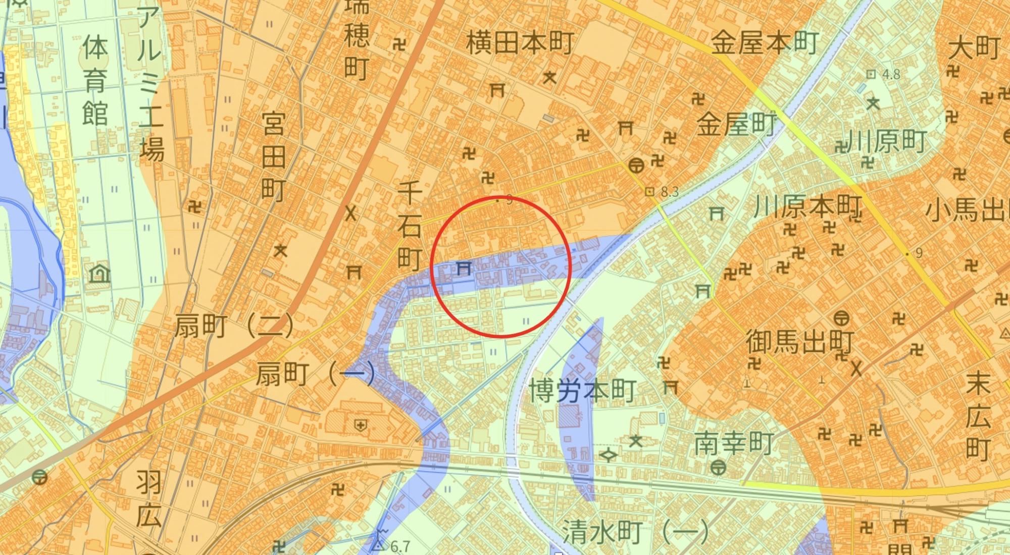 Heavily liquefaction-affected area in Yokota Town, Takaoka City (around the red circle) (Source: Geospatial Information Authority of Japan)